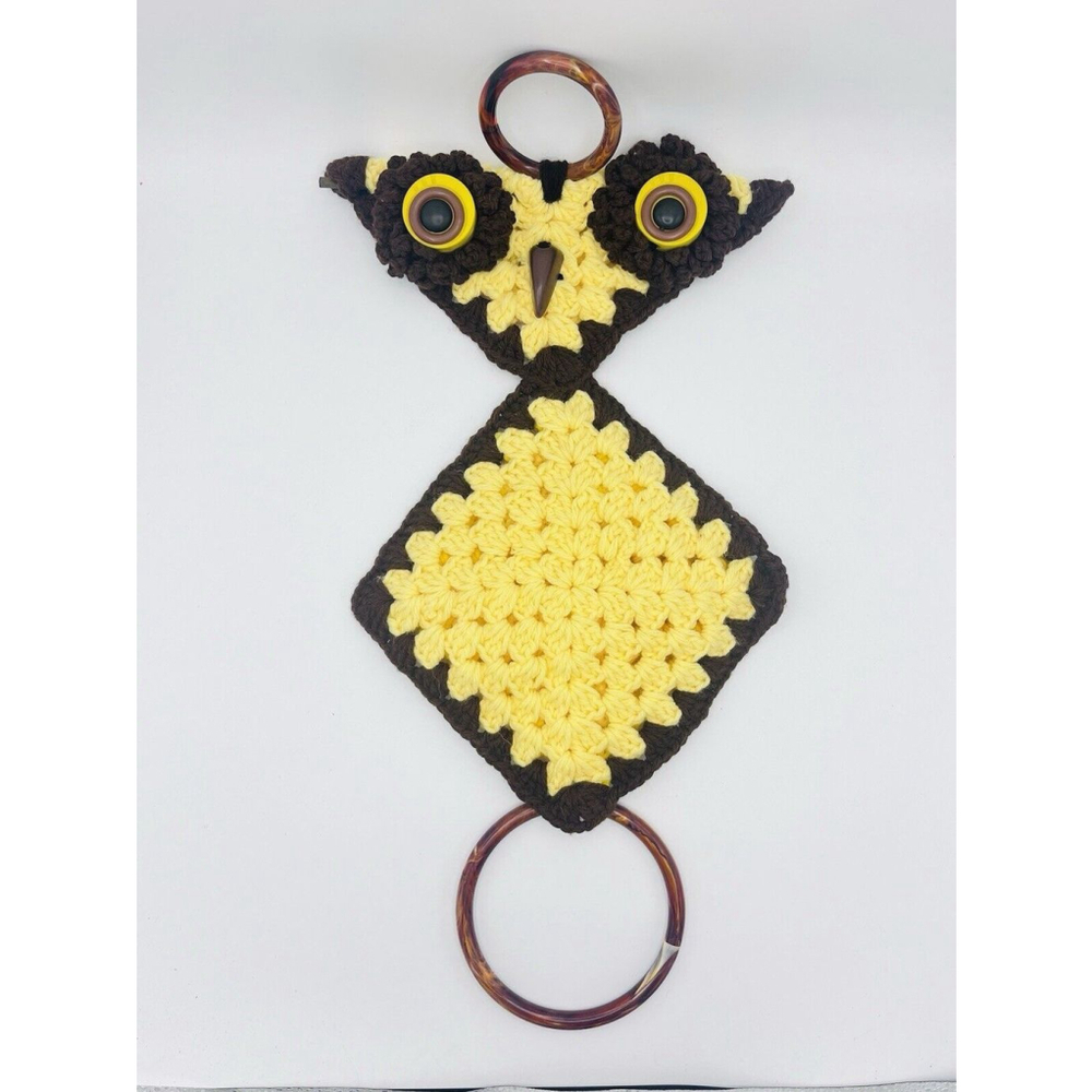 1970s Crochet Owl Towel Holder Ring Wall Hanging Kitchen Handmade